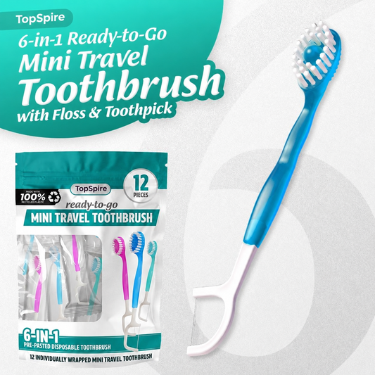 ⭐️TopSpire® 6-in-1 Ready-to-Go Mini Travel Toothbrush with Floss & Toothpick, No Rinsing Needed, Individually Wrapped & TSA Friendly