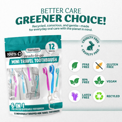⭐️TopSpire® 6-in-1 Ready-to-Go Mini Travel Toothbrush with Floss & Toothpick, No Rinsing Needed, Individually Wrapped & TSA Friendly