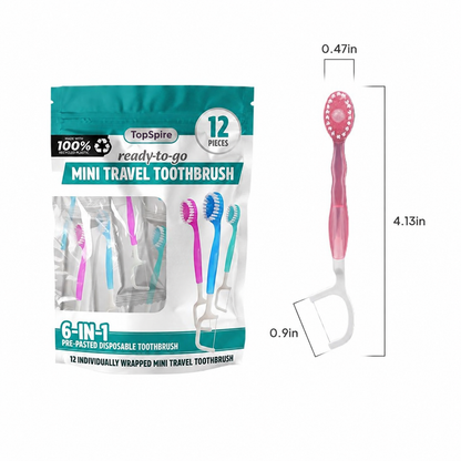 ⭐️TopSpire® 6-in-1 Ready-to-Go Mini Travel Toothbrush with Floss & Toothpick, No Rinsing Needed, Individually Wrapped & TSA Friendly