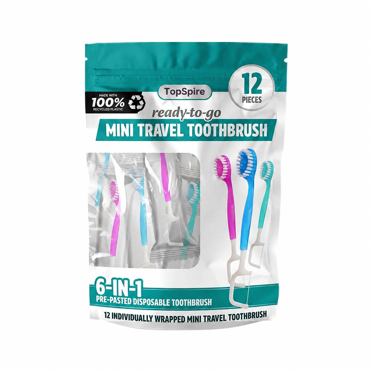 ⭐️TopSpire® 6-in-1 Ready-to-Go Mini Travel Toothbrush with Floss & Toothpick, No Rinsing Needed, Individually Wrapped & TSA Friendly