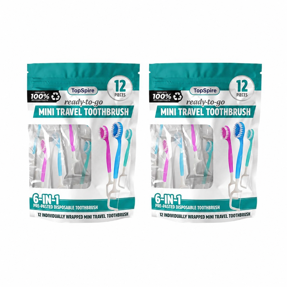 ⭐️TopSpire® 6-in-1 Ready-to-Go Mini Travel Toothbrush with Floss & Toothpick, No Rinsing Needed, Individually Wrapped & TSA Friendly