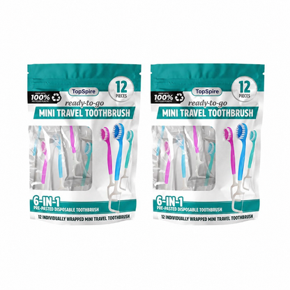 ⭐️TopSpire® 6-in-1 Ready-to-Go Mini Travel Toothbrush with Floss & Toothpick, No Rinsing Needed, Individually Wrapped & TSA Friendly