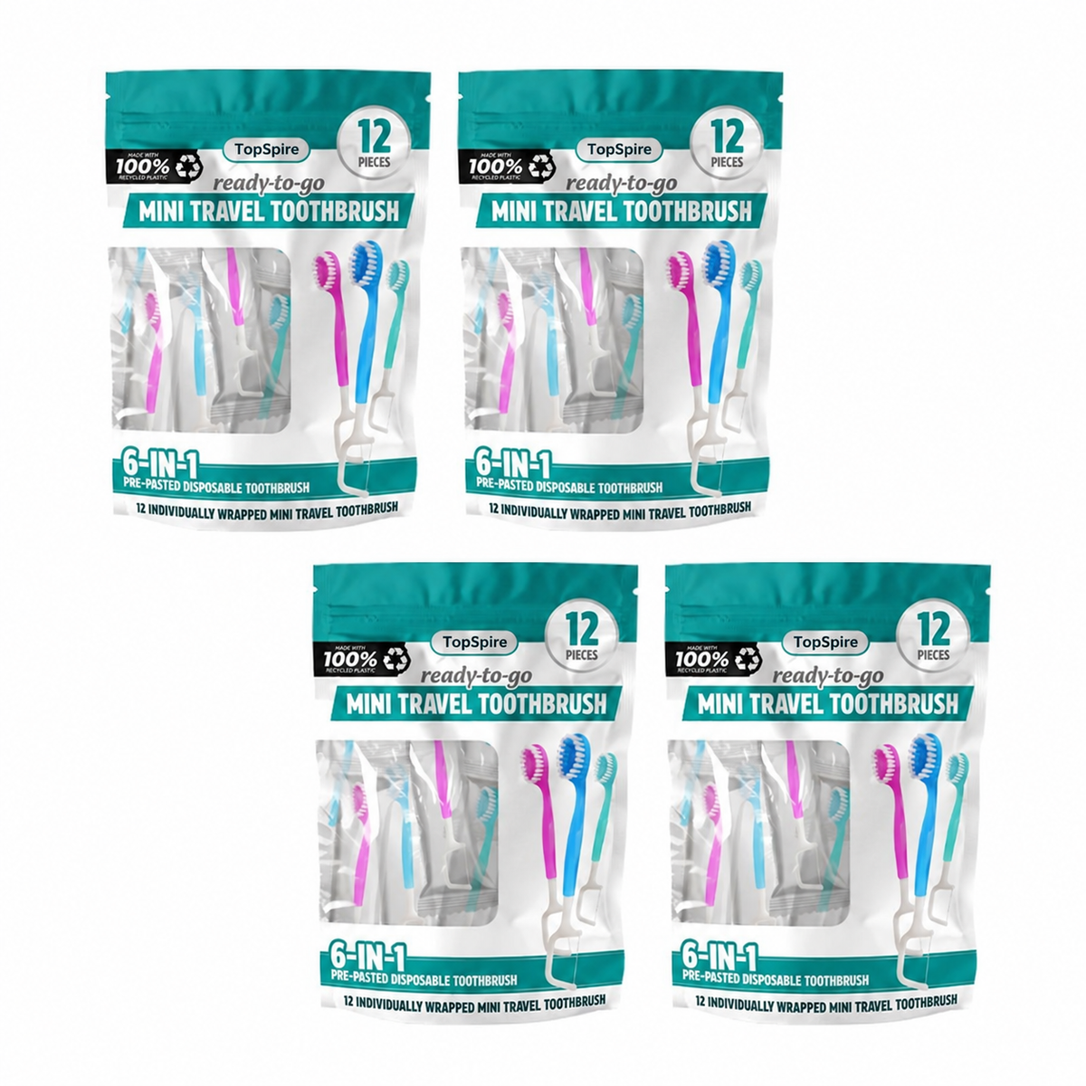 ⭐️TopSpire® 6-in-1 Ready-to-Go Mini Travel Toothbrush with Floss & Toothpick, No Rinsing Needed, Individually Wrapped & TSA Friendly