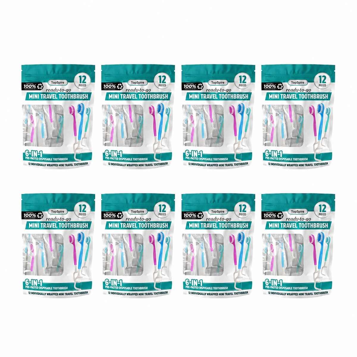 ⭐️TopSpire® 6-in-1 Ready-to-Go Mini Travel Toothbrush with Floss & Toothpick, No Rinsing Needed, Individually Wrapped & TSA Friendly