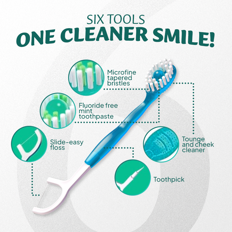 ⭐️TopSpire® 6-in-1 Ready-to-Go Mini Travel Toothbrush with Floss & Toothpick, No Rinsing Needed, Individually Wrapped & TSA Friendly