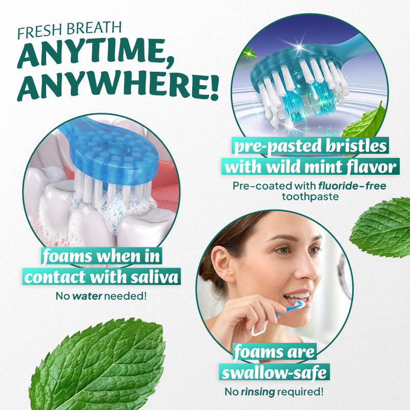 ⭐️TopSpire® 6-in-1 Ready-to-Go Mini Travel Toothbrush with Floss & Toothpick, No Rinsing Needed, Individually Wrapped & TSA Friendly