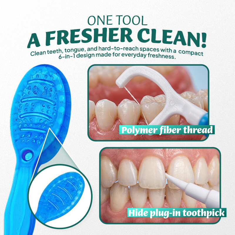 ⭐️TopSpire® 6-in-1 Ready-to-Go Mini Travel Toothbrush with Floss & Toothpick, No Rinsing Needed, Individually Wrapped & TSA Friendly