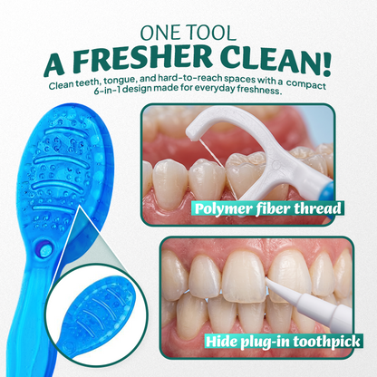 ⭐️TopSpire® 6-in-1 Ready-to-Go Mini Travel Toothbrush with Floss & Toothpick, No Rinsing Needed, Individually Wrapped & TSA Friendly